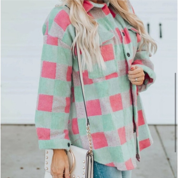 60 Oversized Soft Heavyweight Green Pink Plaid Cozy Brushed Shacket Pockets - Picture 5 of 9